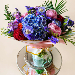 Thank you bouquet with seasonal blooms. Hydrangea, statice, storks, celosia, roses, scabiosa