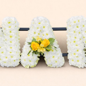 nan word with white flowers and yellow sprays