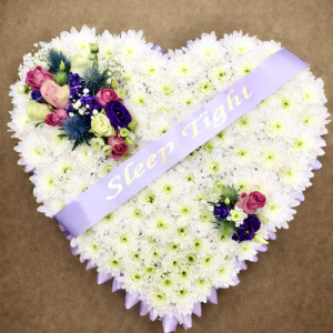 sleep tight message on heart shaped, white and yellow flowers with two sprays